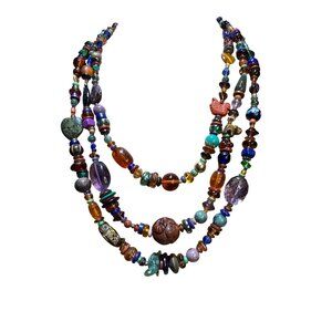 Artisan Multi-Strand Becklace Carved Stone Animal Fetishes Turquoise Amber Glass